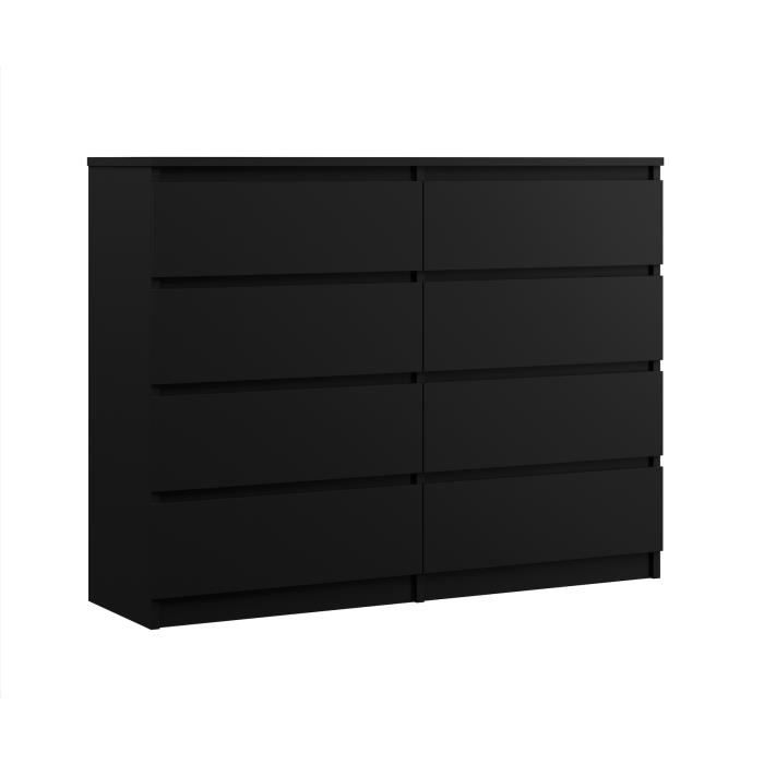3xEliving Commode élégante et spacieuse DEMI 8 tiroirs 140cm, noir, parfaite pour le salon, le bureau, la chambre
