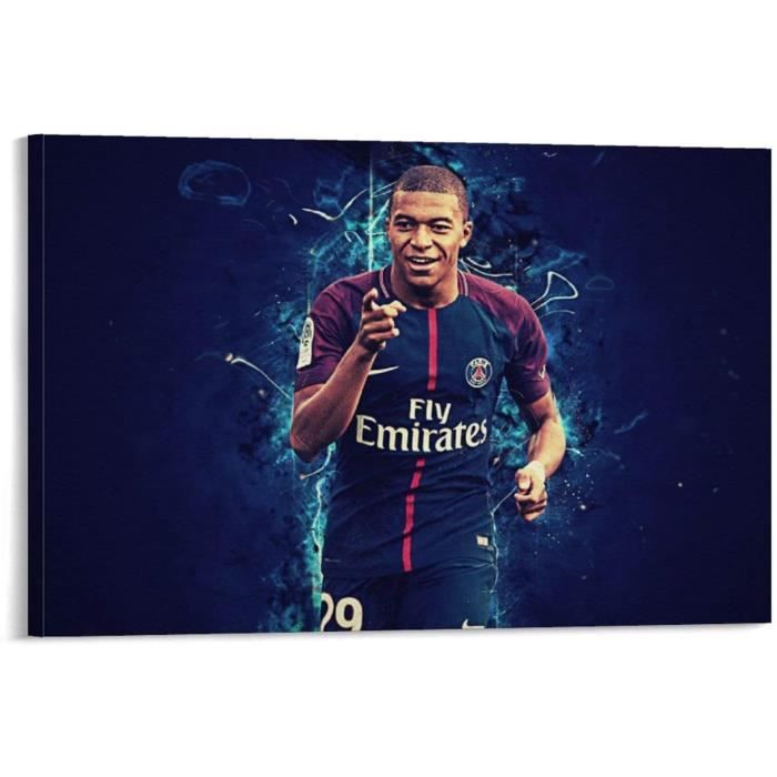 Impression sur toile de football du Paris Saint-Germain (PSG) Kylian Mbappe  - Décoration pour chambre à coucher, bureau, chambre, cadeau - Sans cadre -  40 x 60 cm