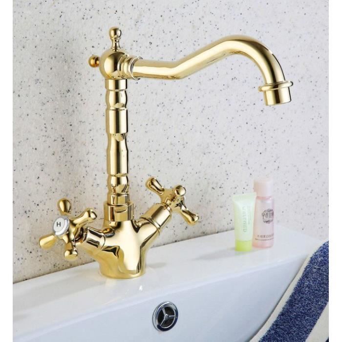 Robinets De Cuisine Cuisine Barre Humide Salle De Bain Navire Evier Robinet Poli Couleur Or En Laiton Double Poignees Pivotant Cdiscount Bricolage