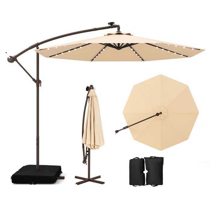 Parasol Déporté 3M - 40 Lumières LED - COSTWAY - Base Croisée Sac de Sable - Beige - Protection UV 20+ Panneau Solaire 6 Heures