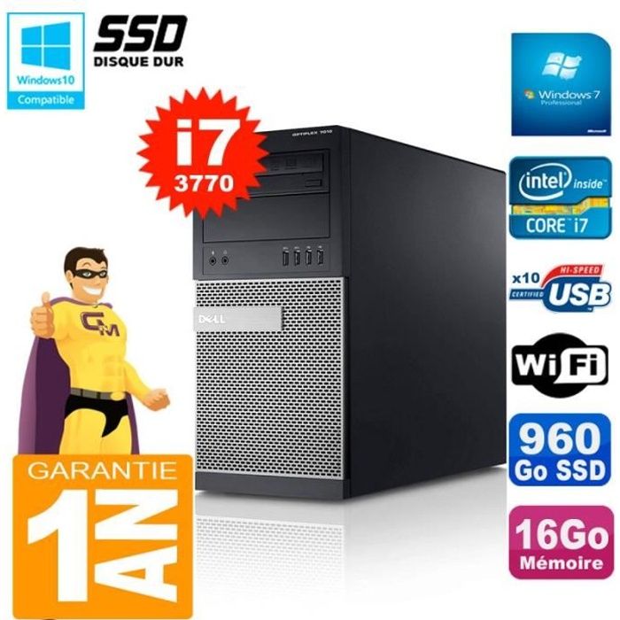 PC Tour DELL 7010 Core I7-3770 RAM 16Go Disque 960 Go SSD Wifi W7