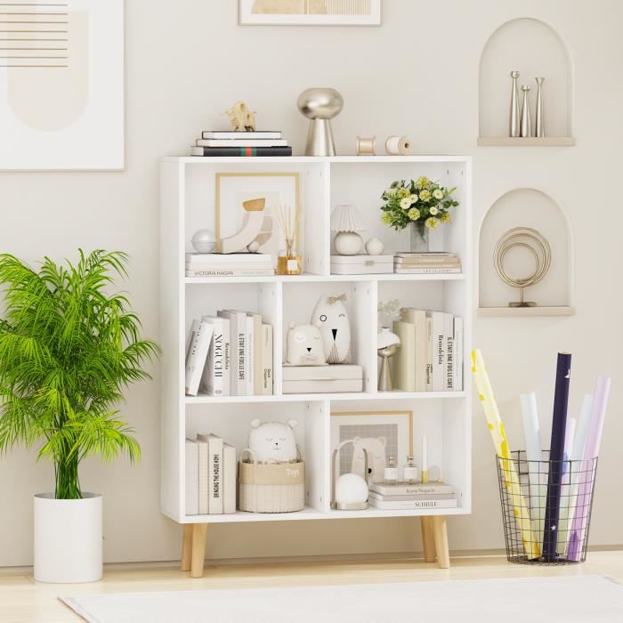 Bibliothèque scandinave - DHHOZAMZ - Étagère de Rangement 7 Compartiments - Blanc - 80x24x110