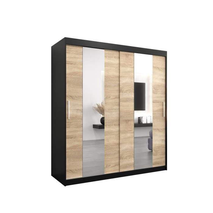 Armoire de Chambre DANCE Noir-Sonoma 180 avec 2 Portes Coulissantes avec Miroir Penderie (Tringle) avec étagères Sans tiroirs