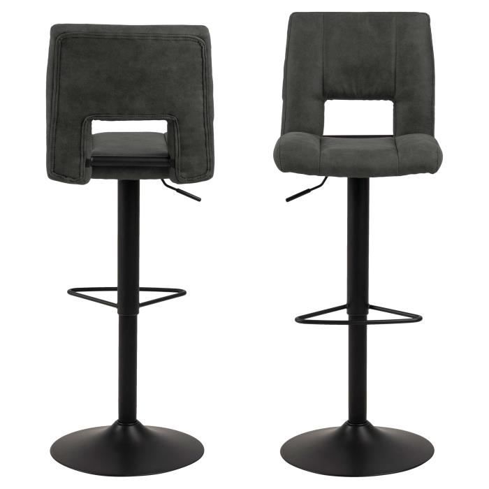 jeu de 2 chaises de bar syara de couleur anthracite avec pied rond en métal noir mat. réglable en hauteur.