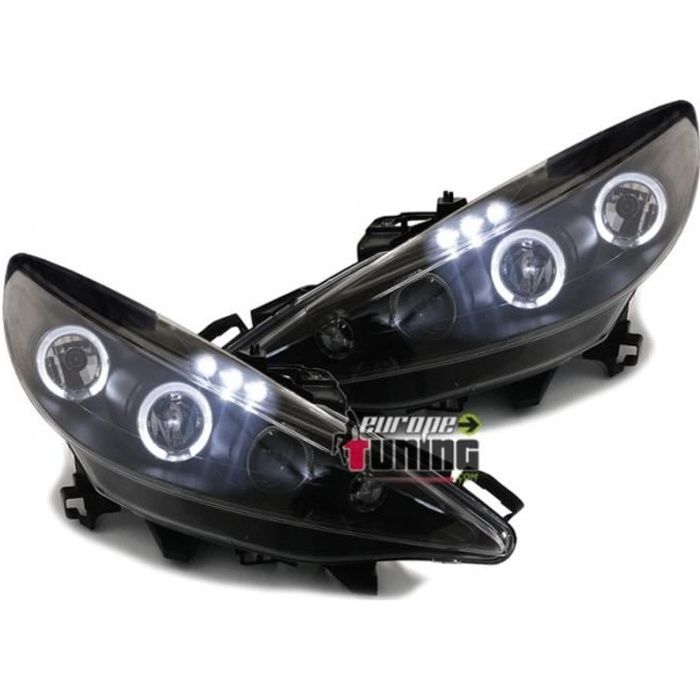 PHARES FEUX AVANTS NOIRS ANGEL EYES LED PEUGEOT 207 PHASES 1 et 2