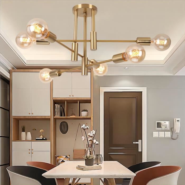 Fusion Rétro Lampe Plafonnier Luminiare Vintage Industrielle 6 têtes Cuivre Lustre Eclairage pour Salle à Manger Chambre Salon