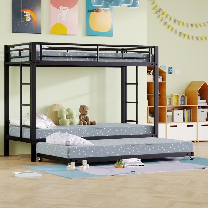 Lit superposé enfant - Noir - 3 places - 90 x 200 cm - Lit gigogne - Métal avec barrière de sécurité