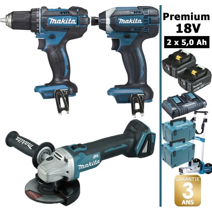 Pack Makita Premium 18V 5Ah: Perceuse 62Nm DDF482 + Meuleuse DGA504 + Visseuse 165Nm DTD152 + 2 batteries + 2 Coffrets + chariot