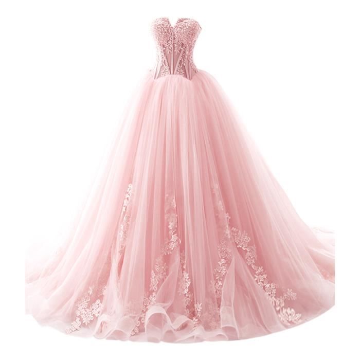 Rose Pâle Maxi Robe De Mariée Soirée Longue Traîné Bustier V Ajouré Dos Avec Lacet Multi Couche Tulle Dentelle Brodé Grande Taille