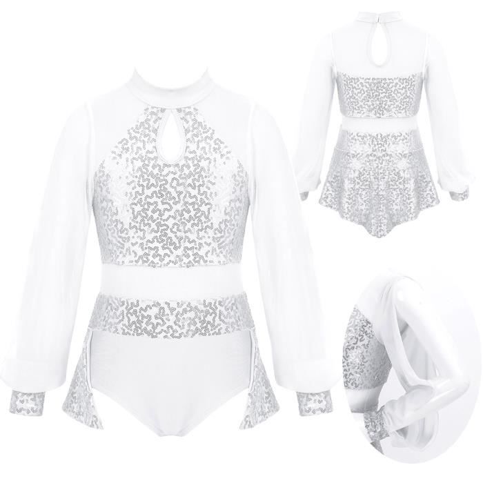 ZNYUNE Fille Justaucorps de Gymnastique avec Paillettes Manches Longues en Tulle