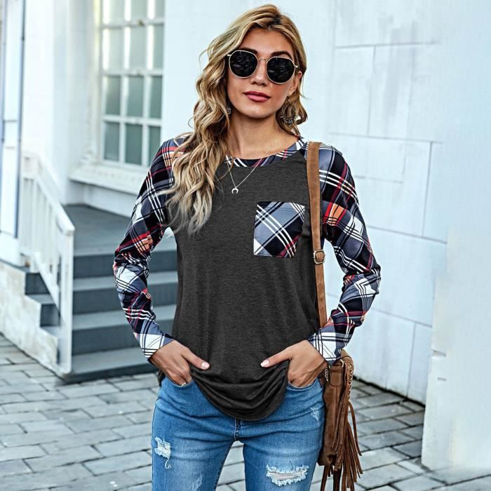 Chemisier Femme Chic Mode Plaid Patchwork ONeck Pocket manches longues