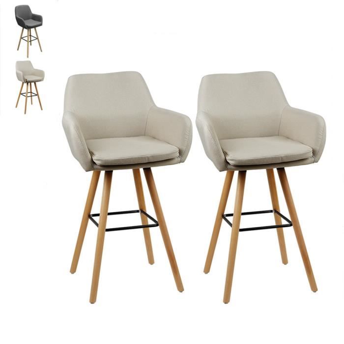 Tabouret de Cuisine - OHMG - Pieds en Chêne Massif - Lot de 2 - Avec Accoudoirs - Beige