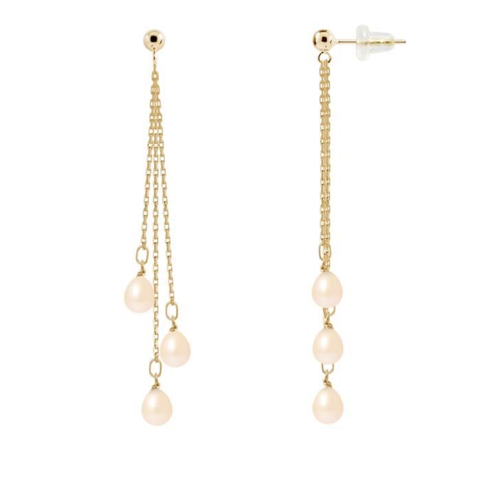 PERLINEA - Boucles d'Oreilles - Véritables Perles de Culture d'Eau Douce Poires 5-6 mm Rose Naturel - Or Jaune - Bijoux Femme