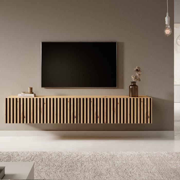 Meuble Tv - Chêne artisanal (inserts noirs) - Telire - 175 x 31,6 x 30