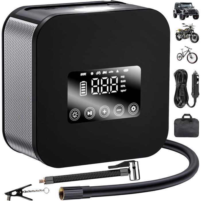 Compresseur Air Portatif TEMOLA – 150 PSI, Gonflage Pneus Voiture/moto/vélo, Sans Fil Ou 12V, écran LCD, Lumière LED – Multifonction