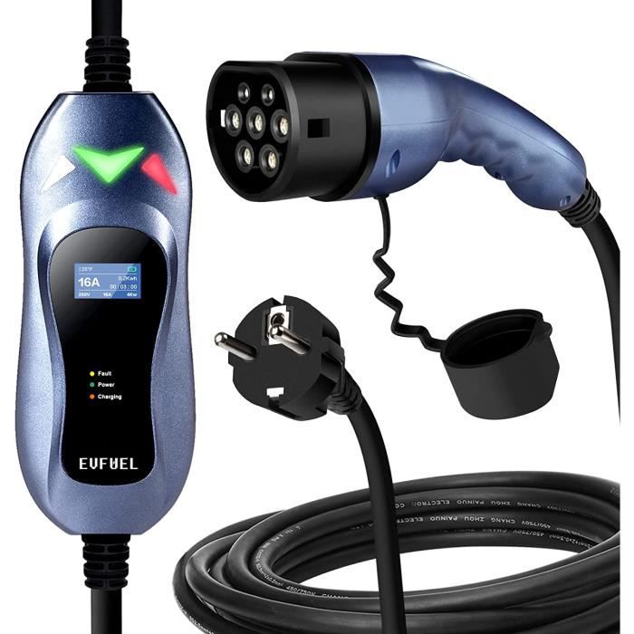 EVFUEL Type 2 Portable EV Chargeur, Voiture Electrique Cable de Recharge, cable de Charge Schuko 2, écran LCD, IEC 62196-2, 16A,223