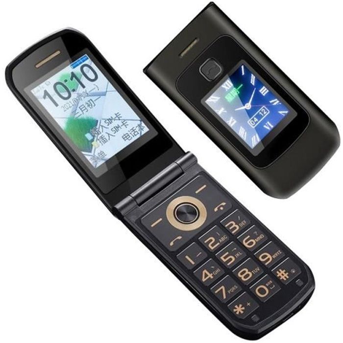 Téléphone portable à clapet Mobile Smartphone Senior Noir 2G, Bouton SOS, Grandes touches, 4800mAh batterie, Lampe de poche