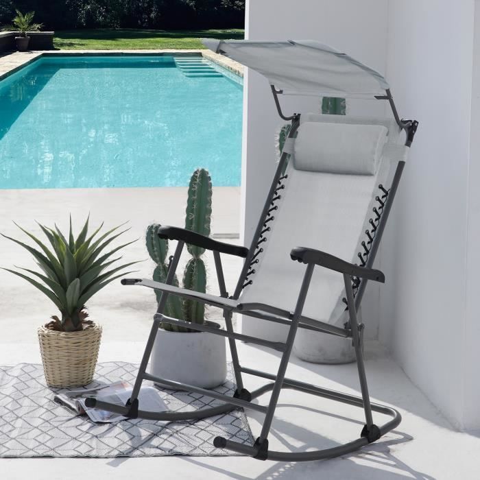 SVITA Chaise à bascule pliable Outdoor avec protection solaire appui-tête accoudoir Gris foncé