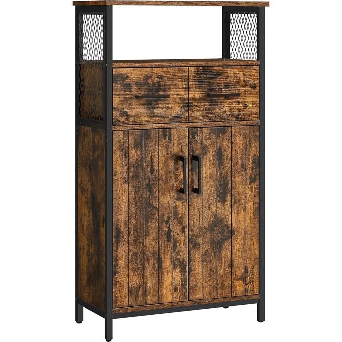 VASAGLE Buffet de cuisine avec Tiroir Étagère 60 x 30 x 108 cm Cadre en Acier Style Industriel Marron Rustique Noir