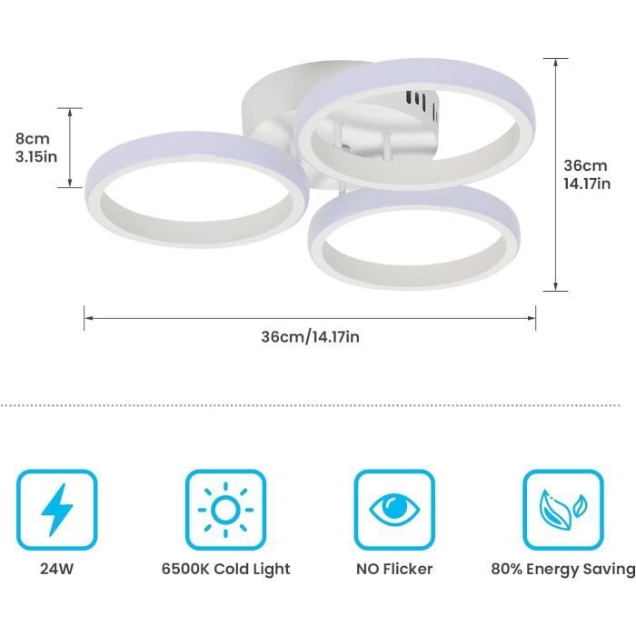 Plafonnier Led Moderne, 24W Blanc Triple Rond Lampe Led Plafond En Aluminium, 6500K Lumière
