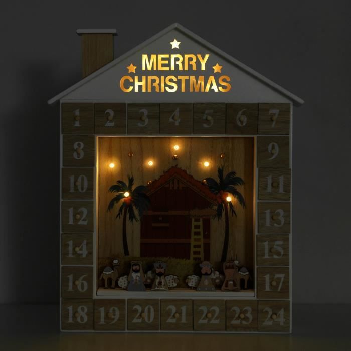Calendrier De L'Avent En Bois Lumineux Avec 24 Tiroirs - Château LED Avec Musique - Compte à Rebours Personnalisable Pour Noël