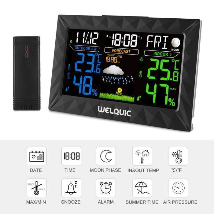 FreeLeben Station Météo sans Fil, Réveil électronique Snooze Thermomètre  Numérique Hygromètre avec Capteur Extérieur, Grand écran LCD