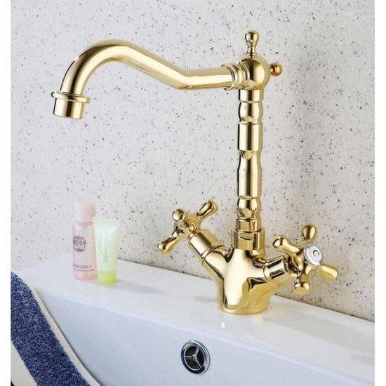 Robinets De Cuisine Cuisine Barre Humide Salle De Bain Navire Evier Robinet Poli Couleur Or En Laiton Double Poignees Pivotant Cdiscount Bricolage