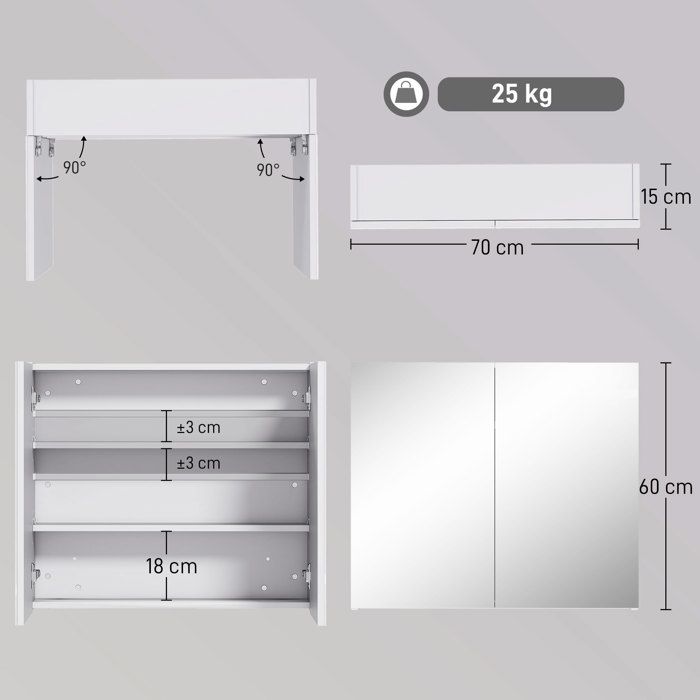 Armoire Salle De Bain Avec Miroir HOMCOM - Dimensions 60x14x50 Cm - Porte En Bambou, étagère Réglable - Film Anti-éclats - Montage Mural - Couleur Blanc - 8