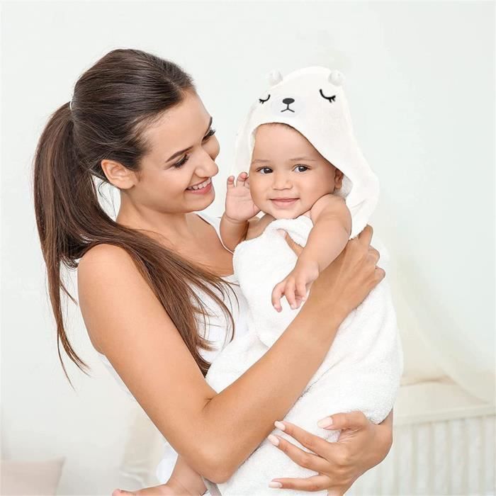 Serviette de bain Bebe en Peluche avec capuche aux oreilles mignonnes,douce,super absorbante Cadeau pour Nouveau - né 0-2 Ans(Blanc) - Maison