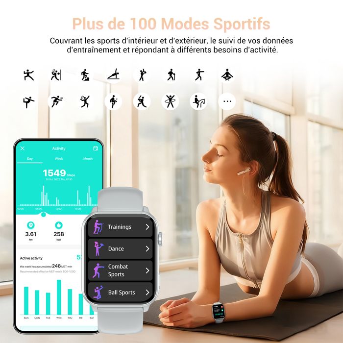 Montre Connectée Unisexe – Compatible Android/iOS, GPS, étanche – Écran 1,85", Bracelet Silicone Noir