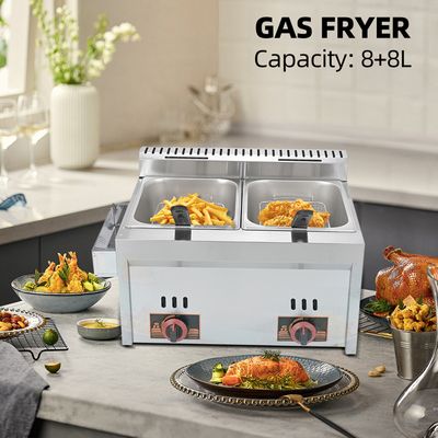 Friteuse à Gaz Double Cuve 8+8L – Friteuse Professionnelle En Inox Pour Cuisine, Snack, Restaurant – Fonctionne Au Gaz Liquide - Maison