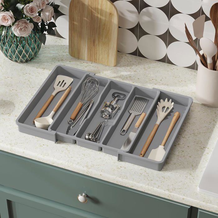 Organisateur Tiroir Cuisine Extensible 3 à 7 Compartiments – Séparateur Ustensiles Réglable Blanc Pratique Et Gain De Place