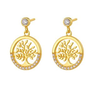 Boucles D'oreilles Arbre De Vie - Plaqué Or 750/000 & Zirconium - Paire Neuve