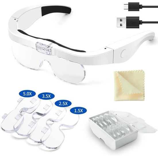 Lunette Loupe LED De Précision 4 Lentilles (2x 6x 10x 24x) – Serre-Tête Avec 2 Lumières Pour Bijoutier Couture Lecture
