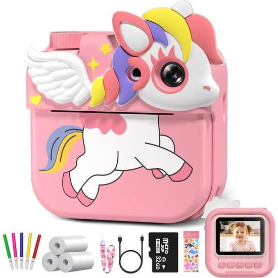 Hangrui Appareil Photo Instantané Enfant – Écran 2.4'', Carte 32 Go, Impression Thermique, Vidéo 1080p, Cadeau 3-10 Ans (Rose)