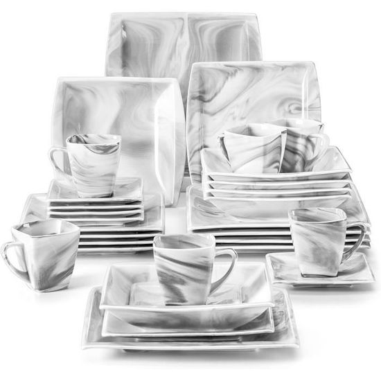 MALACASA, Série Blance, 30 Pièces Service de table en porcelaine Marbre, Service Complet avec 6