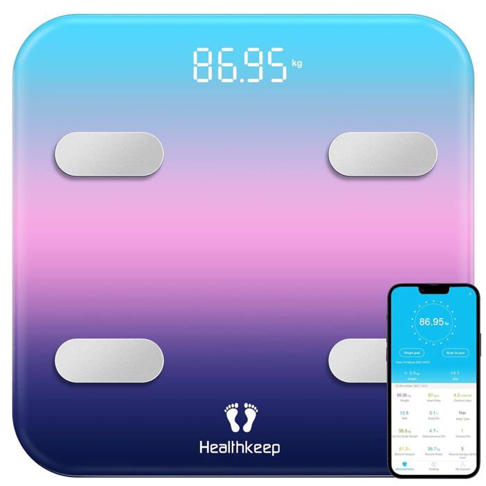Balance Connectée WiFi et Bluetooth avec 7 Données Clairement Affichées sur un Grand Écran LED, App pour iOS et Android, 180kg