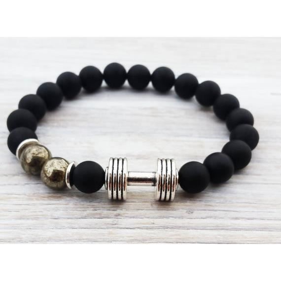 Bracelet Hmes haltère mat Onyx Pyrite Sptif Hmes haltère Gemstone Hmes Cadeaux_argent