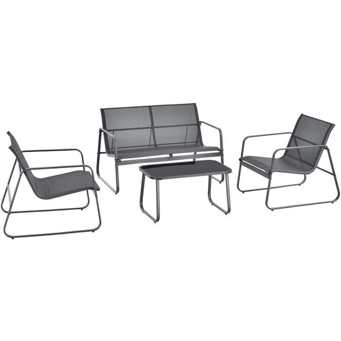 Salon de Jardin Stylé Table Basse Plateau en Verre Canapé Fauteuils Ensemble de 4 Meubles Extérieurs pour 4 Personnes Acier PVC47