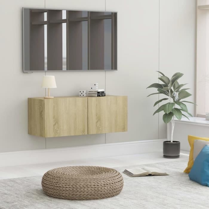 Meuble TV Mural Design Tendance Style Naturel - Avec 2 Portes Abattantes - Chêne sonoma Aggloméré - 80x30x30 cm
