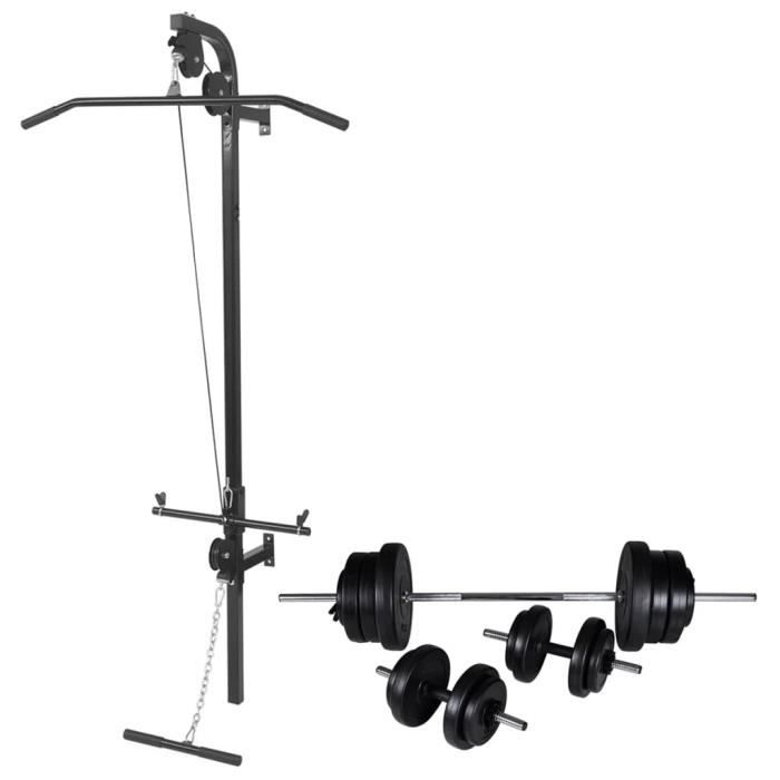 Tour de musculation murale Station musculation Barre de Traction dips Banc de Musculation Gymnastique -avec jeu d'haltères et poids