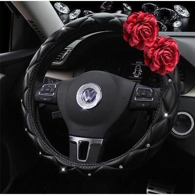 Accessoires auto,Couvre volant avec fleur Rose rouge cristal strass siège cou oreiller housse de - Type Steering Wheel Cover