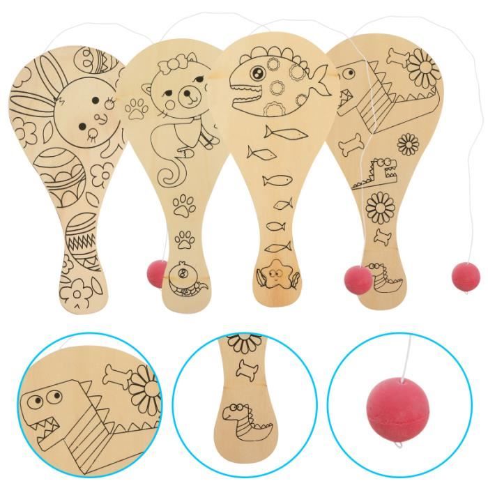 4 pcs peinture jouet enfants bois drôle art raquette de tennis de table - cadre de tennis de table tennis de table - pong