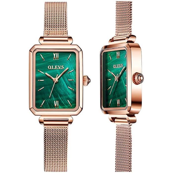 Montres Femmes Carrées Quartz Analogiques Rétro à la Mode Montre Carrée en Pierre Verte