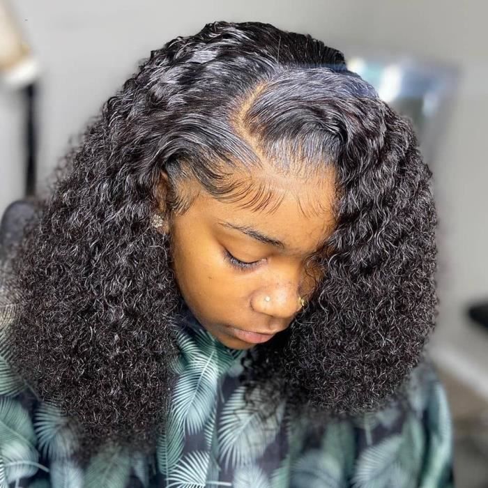 18 Pouces Perruque Bob Lace Frontal Wig naturelle crépue et bouclée cheveux Afro courts Deep Wave