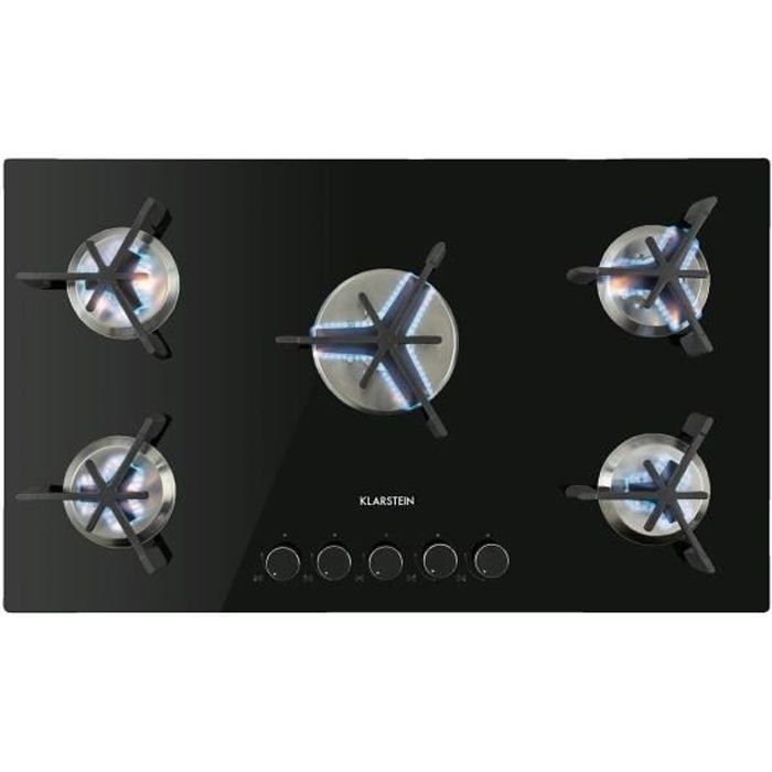 Klarstein Trifecta Domino - Table de cuisson gaz 5 feux, brûleurs triangulaires, surface vitrocéramique noire