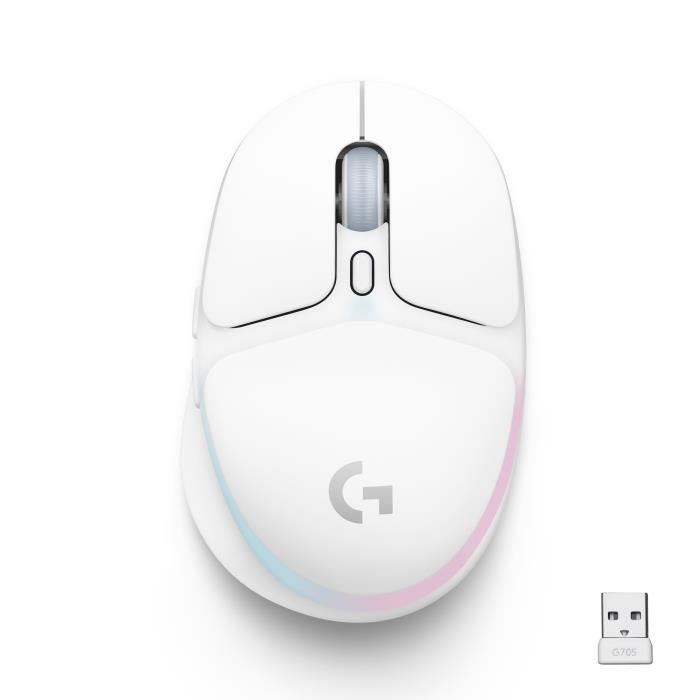 Logitech G - Souris Gaming - sans fil - G705 Éclairage RVB LIGHTSYNC, Bluetooth, Légère - White Mist