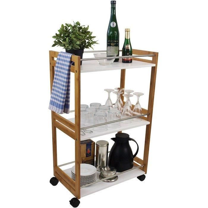 Desserte mobile 3 tablettes en bambou avec porte-serviettes