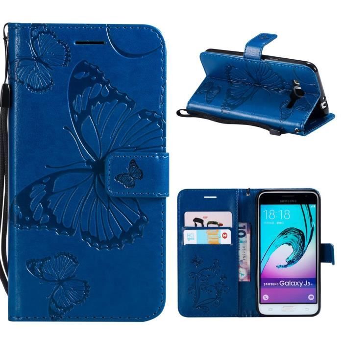 Galaxy J3 2016 Coque Etui à Rabat en PU Cuir Magnétique Antichoc Flip Housse Portefeuille Papillon Samsung Galaxy J3 2016 - Bleu