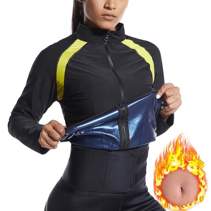 Vetement De Sudation Femme Gilet T Shirt Néoprène Minceur Ceinture Manches Longues Fermeture éclair Fitness Sport Veste Amincissante